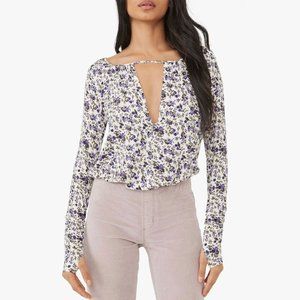 Free People Kaya Ivory & Purple Floral Print Cutout Bodysuit XS